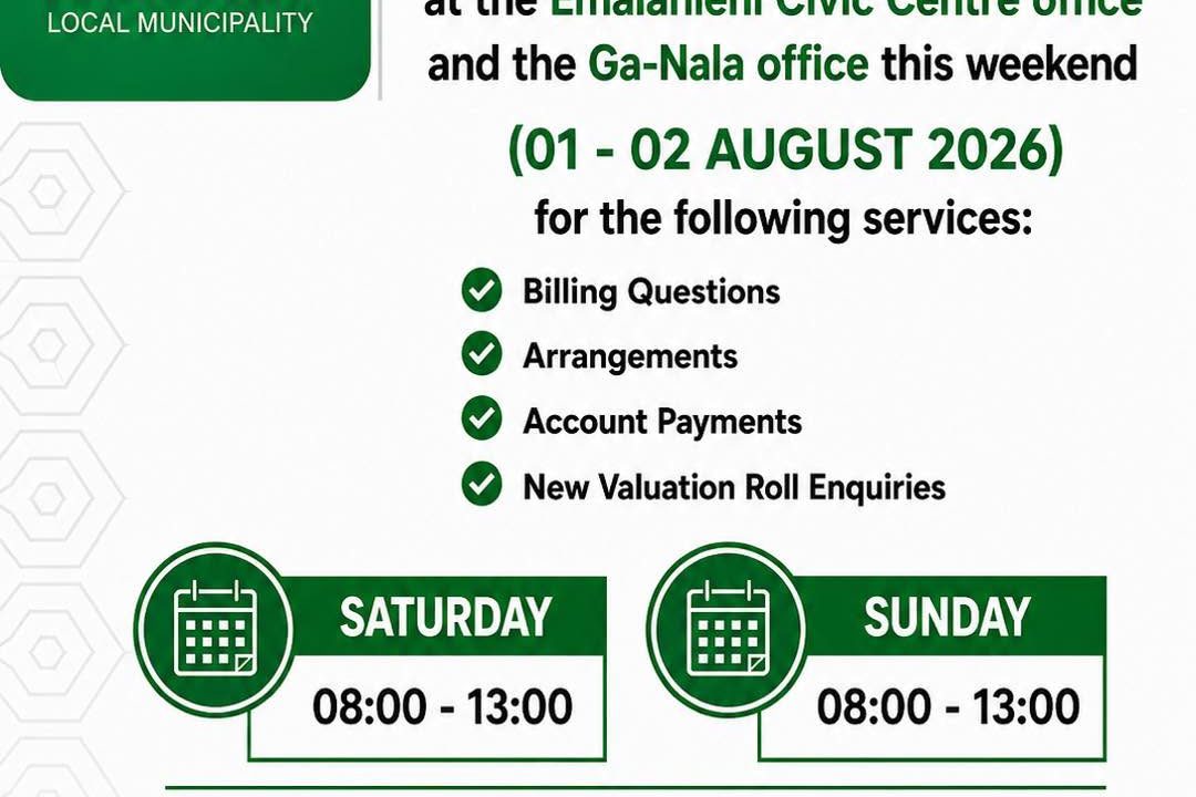 Billing notice poster announcing weekend service at the Emalahleni Civic Centre and Ga-Nala offices on 1 and 2 August 2026. Full text appears below.