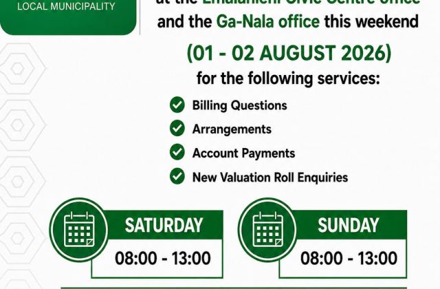 Billing notice poster announcing weekend service at the Emalahleni Civic Centre and Ga-Nala offices on 1 and 2 August 2026. Full text appears below.