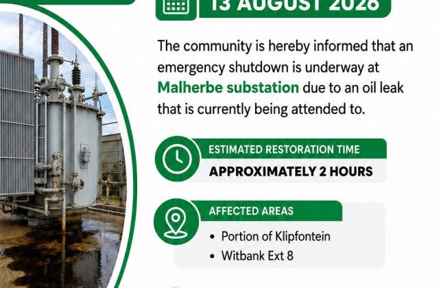 Emergency shutdown notice poster dated 13 August 2026 for Malherbe substation. Full text appears below.