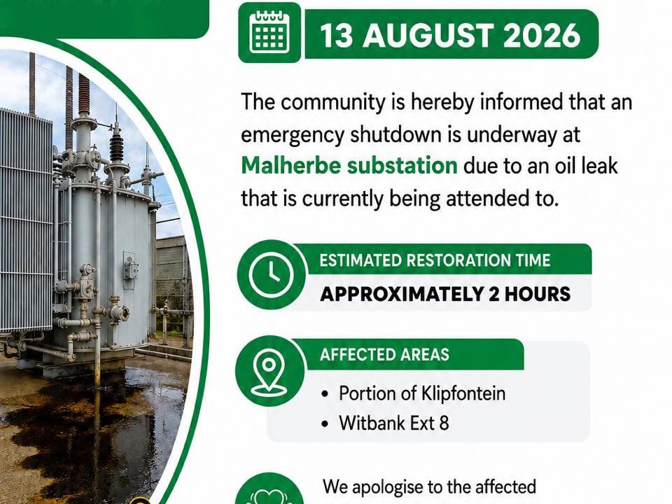 Emergency shutdown notice poster dated 13 August 2026 for Malherbe substation. Full text appears below.