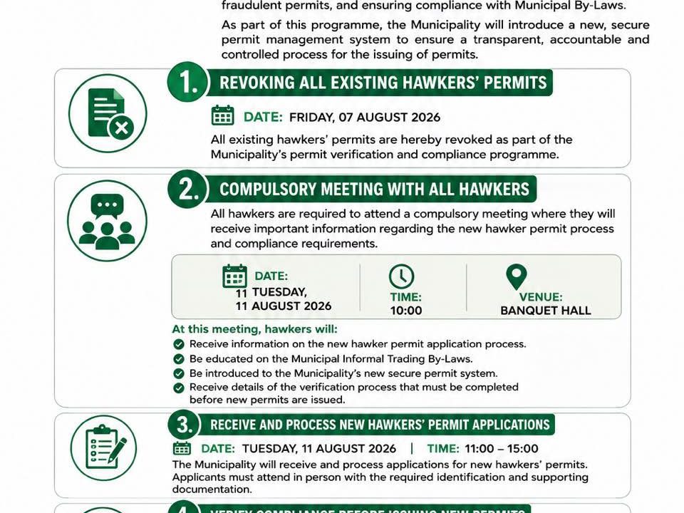 Public notice poster on the revoking of all existing hawkers permits and the informal trading compliance programme. Full text appears below.