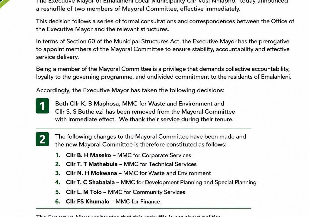 Media statement poster dated 11 August 2026 announcing a reshuffle of two members of the Mayoral Committee. Full text appears below.