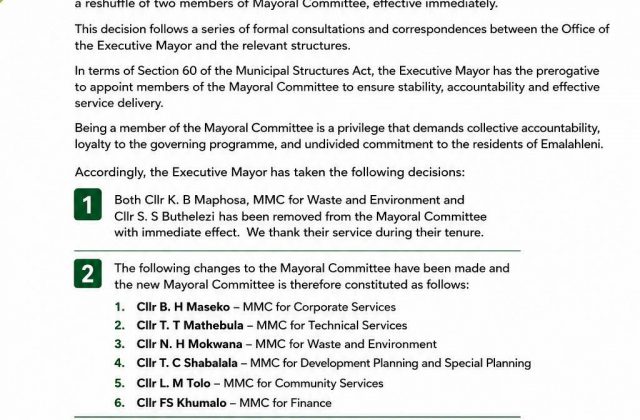Media statement poster dated 11 August 2026 announcing a reshuffle of two members of the Mayoral Committee. Full text appears below.