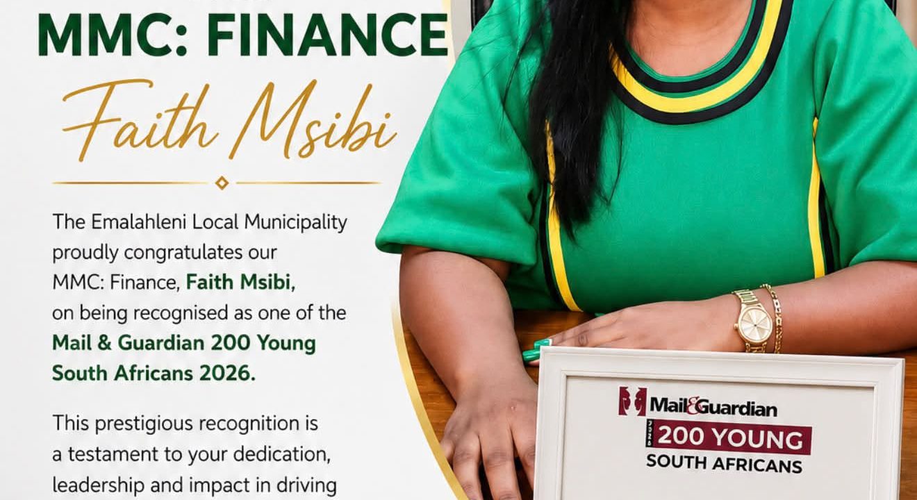 Congratulatory poster for MMC for Finance Faith Msibi, recognised in the Mail and Guardian 200 Young South Africans 2026. Full text appears below.