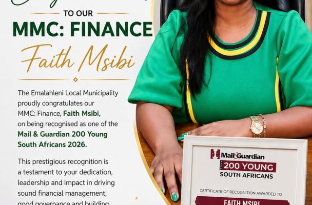 Congratulatory poster for MMC for Finance Faith Msibi, recognised in the Mail and Guardian 200 Young South Africans 2026. Full text appears below.