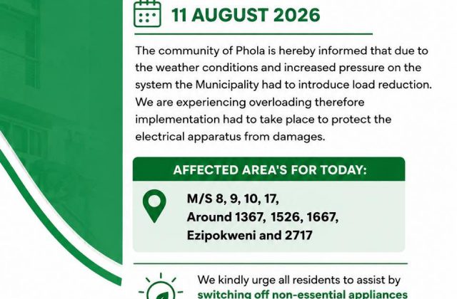 Phola load reduction notice poster dated 11 August 2026. Full text appears below.