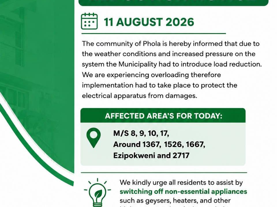 Phola load reduction notice poster dated 11 August 2026. Full text appears below.
