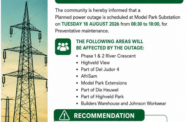 Public notice poster announcing a planned power outage at Model Park Substation on Tuesday 18 August 2026. Full text appears below.