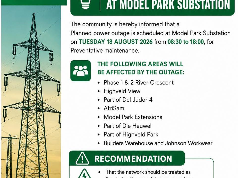 Public notice poster announcing a planned power outage at Model Park Substation on Tuesday 18 August 2026. Full text appears below.