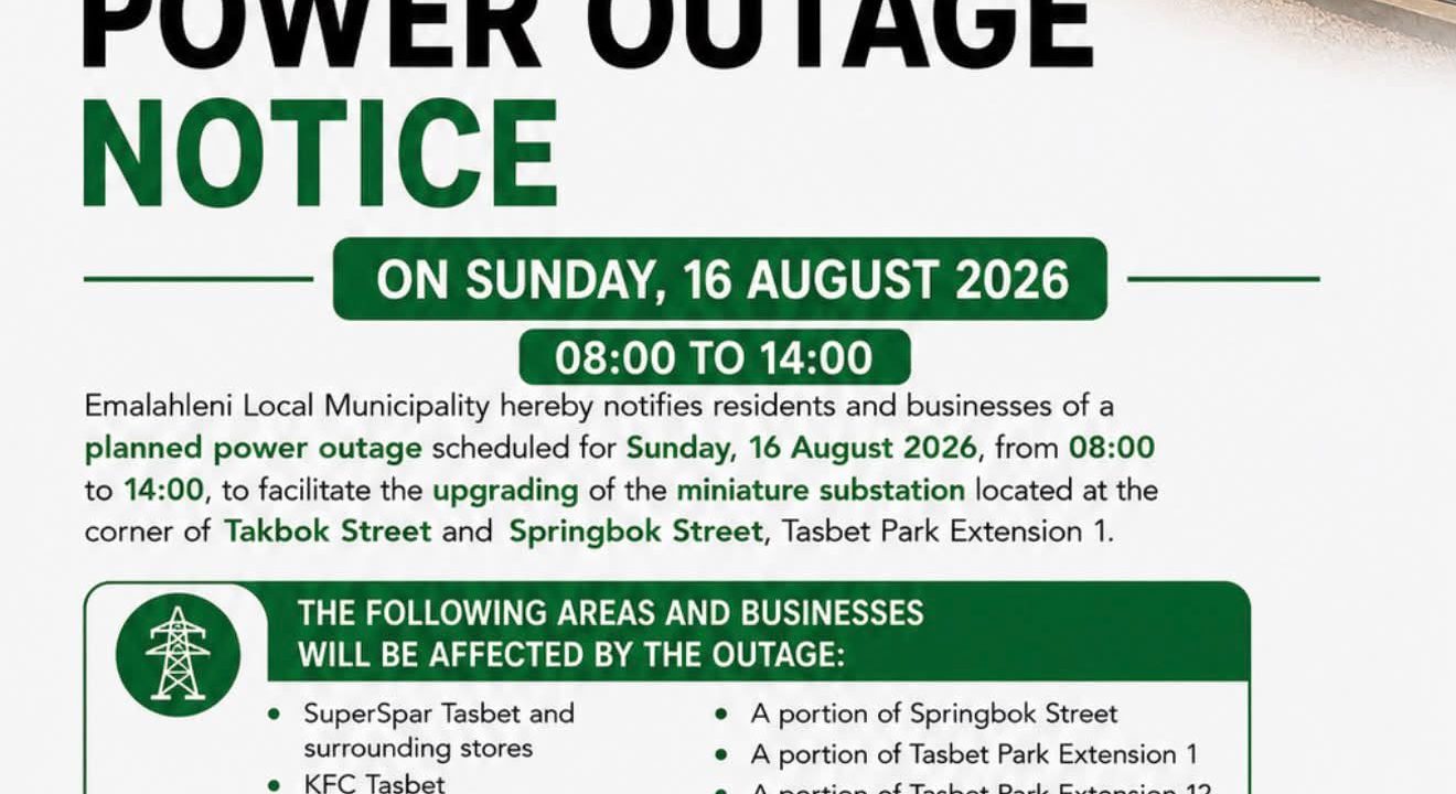 Planned power outage notice poster published 4 August 2026 for an outage on Sunday 16 August 2026 at Tasbet Park Extension 1. Full text appears below.
