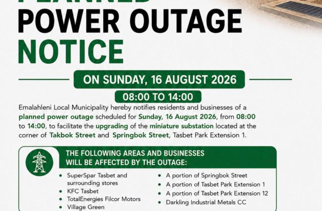 Planned power outage notice poster published 4 August 2026 for an outage on Sunday 16 August 2026 at Tasbet Park Extension 1. Full text appears below.