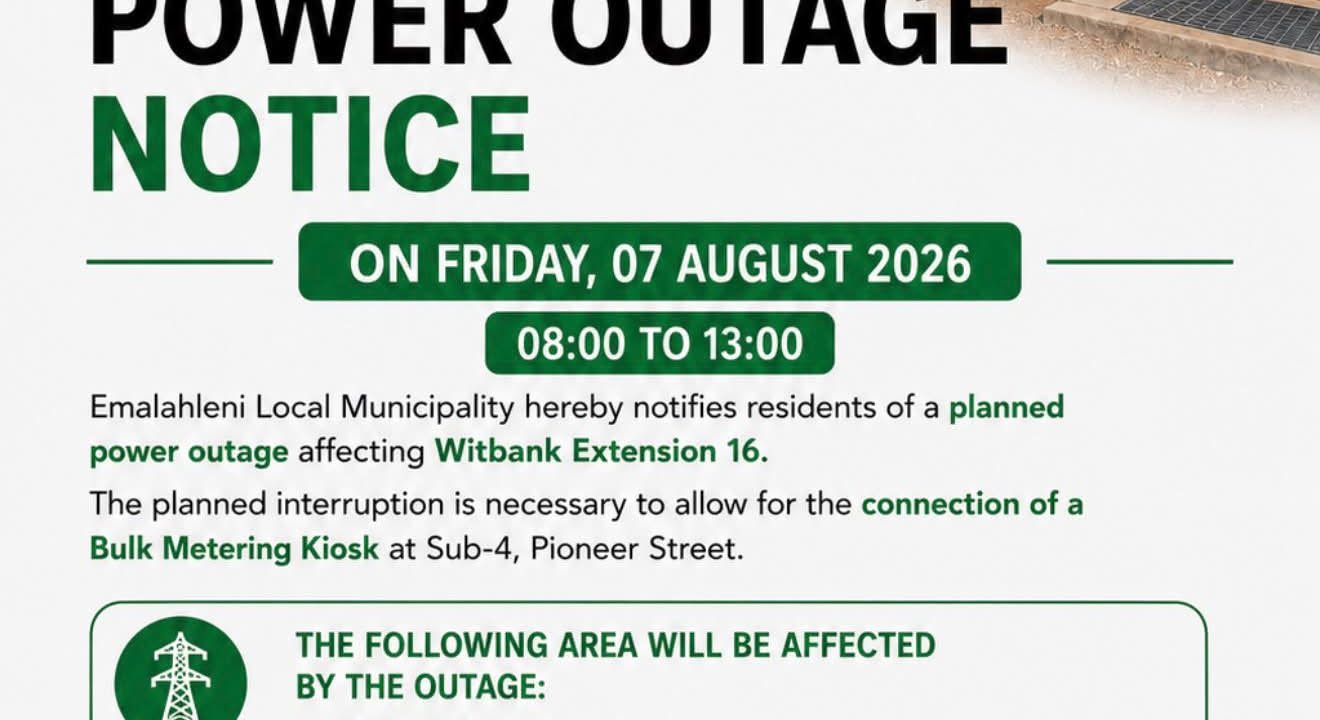 Planned power outage notice poster for Friday 7 August 2026 affecting Witbank Extension 16. Full text appears below.