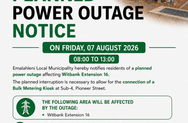 Planned power outage notice poster for Friday 7 August 2026 affecting Witbank Extension 16. Full text appears below.