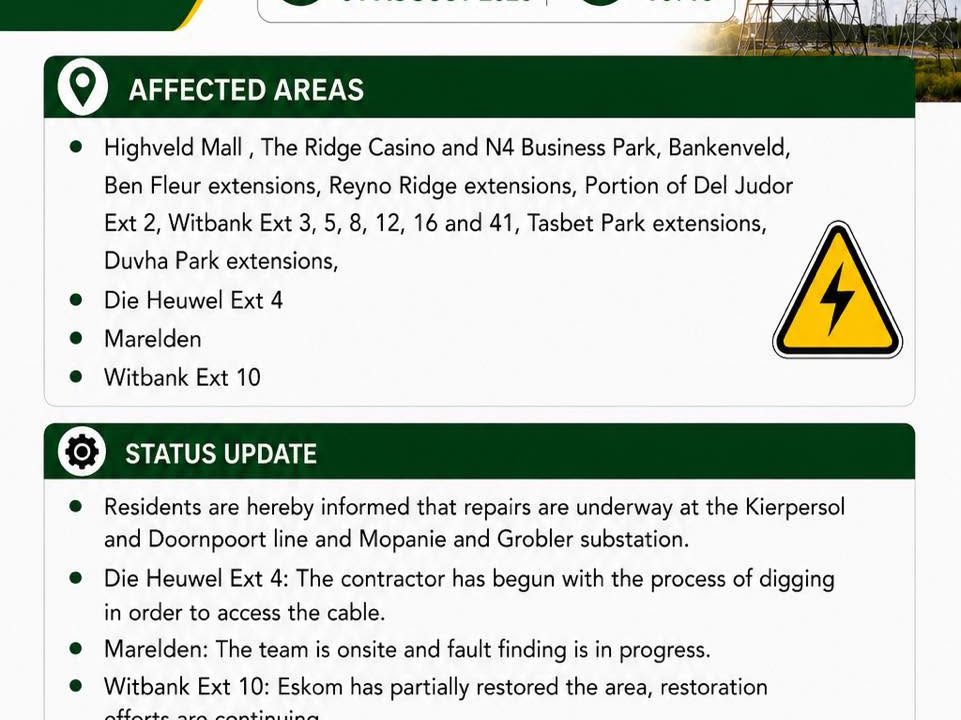 Power supply update poster for 1 August 2026 at 10:46. Full text appears below.