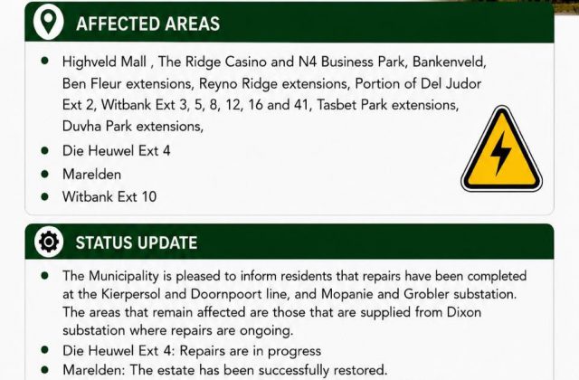 Power supply update poster for 1 August 2026 at 12:05 reporting completed repairs at Kierpersol and Doornpoort line and Mopanie and Grobler substation. Full text appears below.