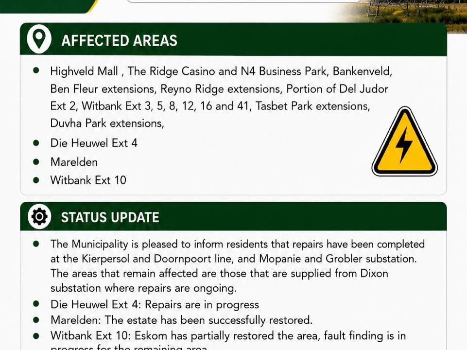 Power supply update poster for 1 August 2026 at 12:05 reporting completed repairs at Kierpersol and Doornpoort line and Mopanie and Grobler substation. Full text appears below.
