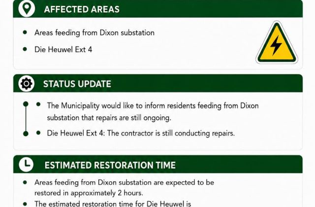 Power supply update poster for 1 August 2026 at 13:45 covering Dixon substation and Die Heuwel Ext 4. Full text appears below.