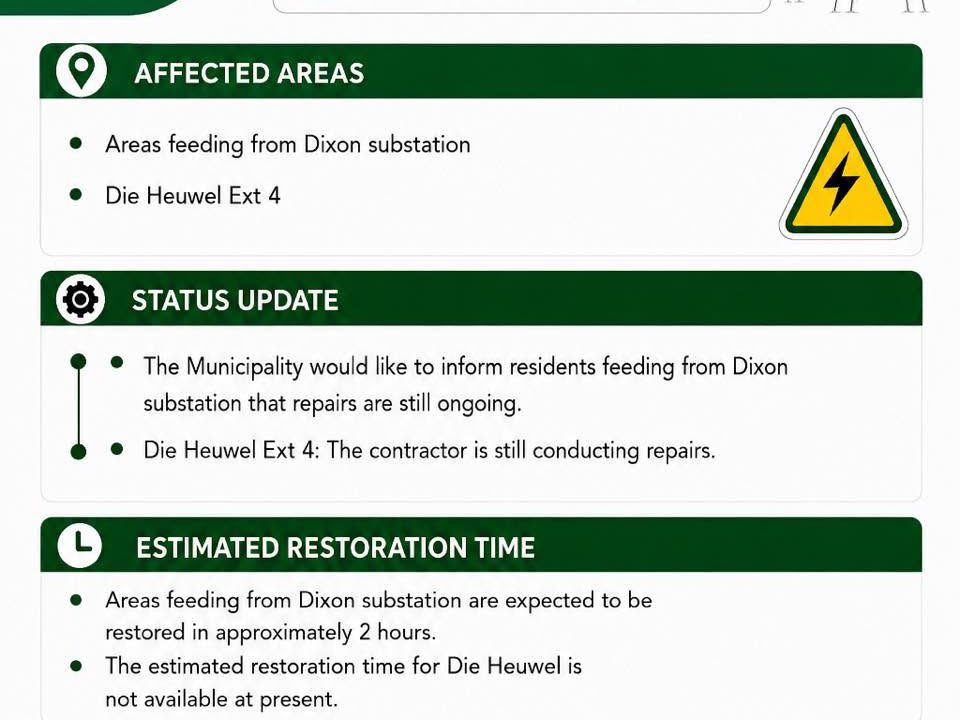 Power supply update poster for 1 August 2026 at 13:45 covering Dixon substation and Die Heuwel Ext 4. Full text appears below.