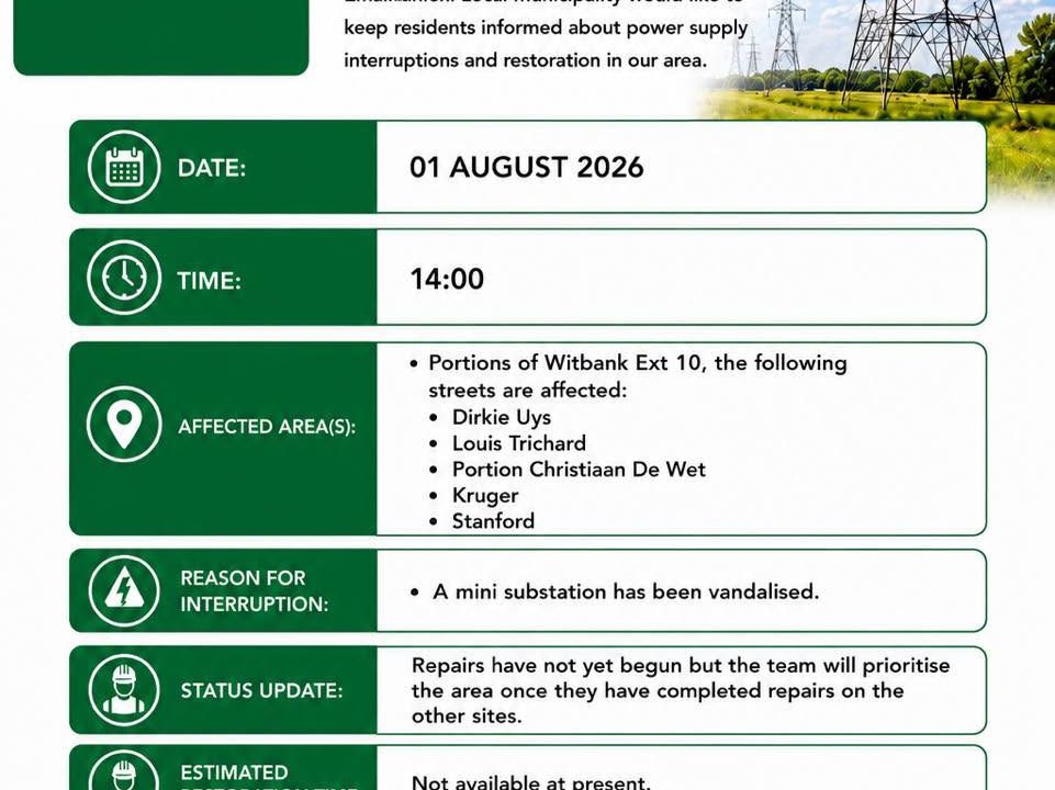 Power supply update poster for 1 August 2026 at 14:00 reporting a vandalised mini substation in Witbank Ext 10. Full text appears below.