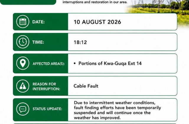 Power supply update poster for 10 August 2026 at 18:12 regarding portions of Kwa-Guqa Ext 14. Full text appears below.