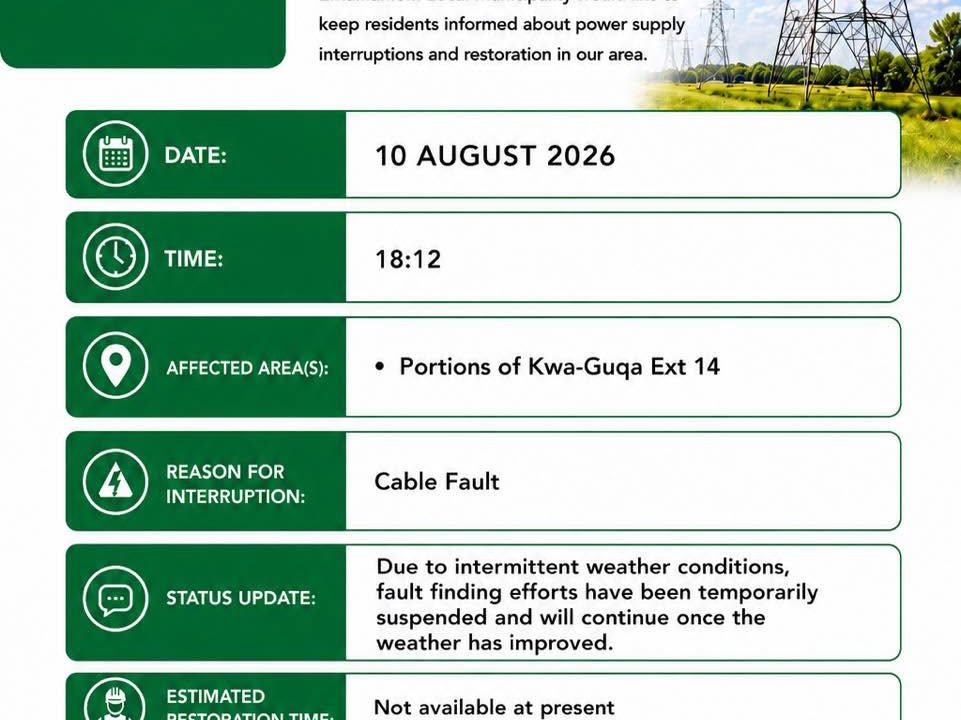 Power supply update poster for 10 August 2026 at 18:12 regarding portions of Kwa-Guqa Ext 14. Full text appears below.