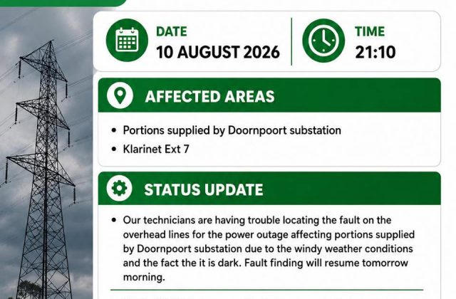 Power outages update poster for 10 August 2026 at 21:10. Full text appears below.