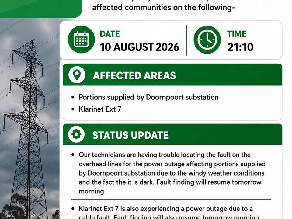 Power outages update poster for 10 August 2026 at 21:10. Full text appears below.