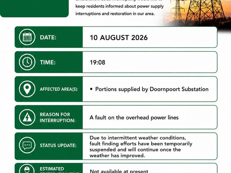 Power supply update poster for 10 August 2026. Full text appears below.