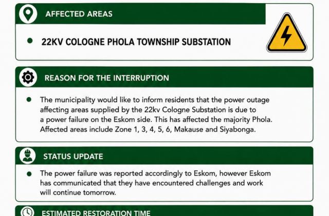 Power supply update poster for 10 August 2026 at 18:25 regarding the 22kV Cologne Phola Township Substation. Full text appears below.
