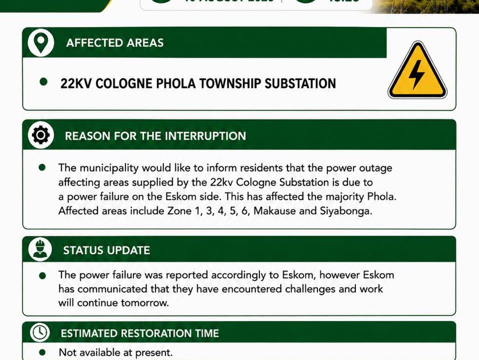 Power supply update poster for 10 August 2026 at 18:25 regarding the 22kV Cologne Phola Township Substation. Full text appears below.