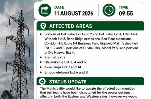 Power outages update poster for 11 August 2026 at 09:55. Full text appears below.