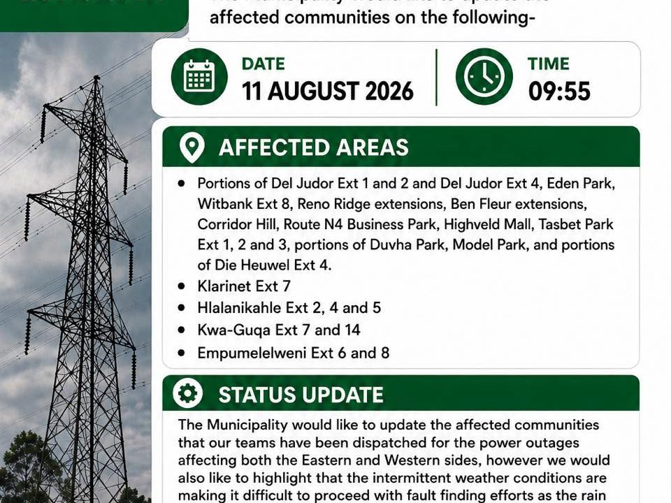 Power outages update poster for 11 August 2026 at 09:55. Full text appears below.