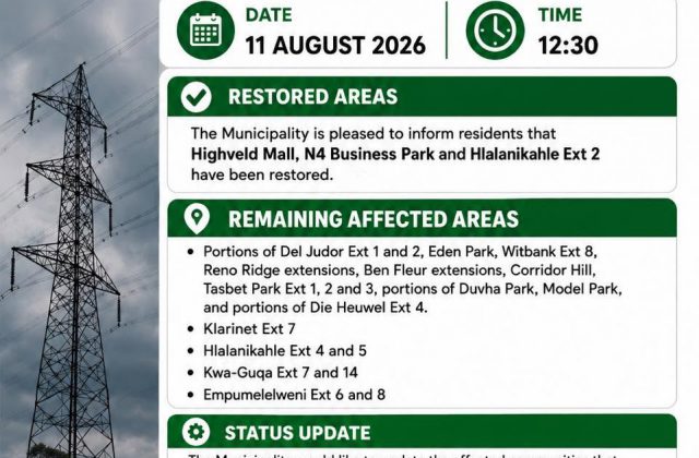 Power outages update poster for 11 August 2026 at 12:30. Full text appears below.
