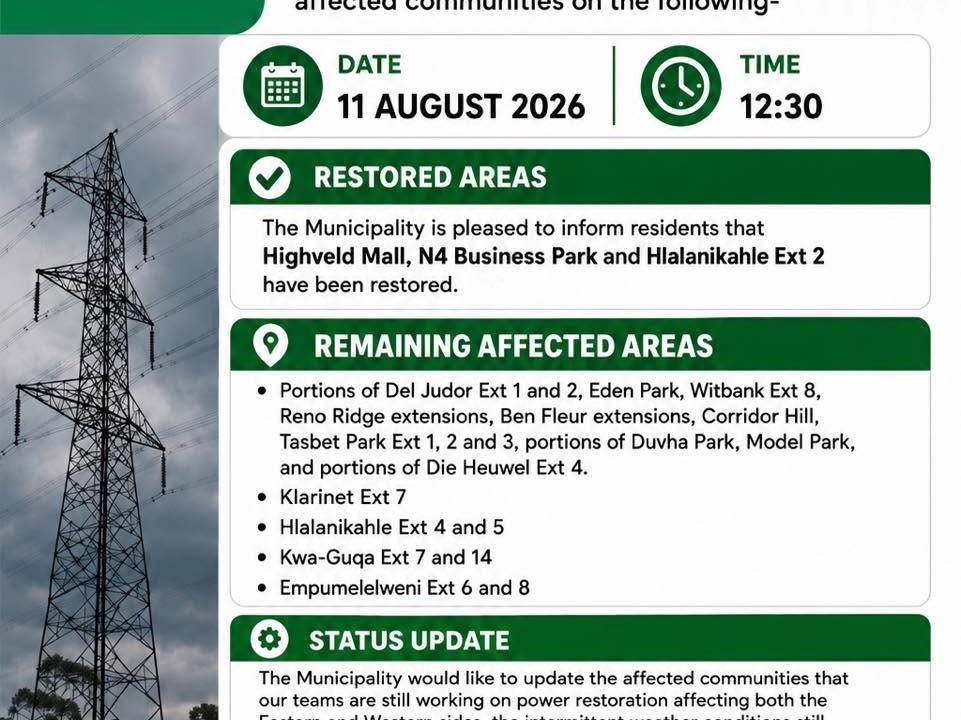 Power outages update poster for 11 August 2026 at 12:30. Full text appears below.