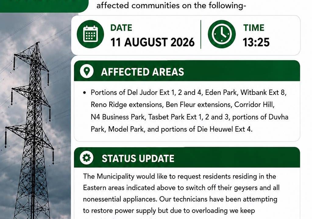 Power outages update poster for 11 August 2026 at 13:25. Full text appears below.