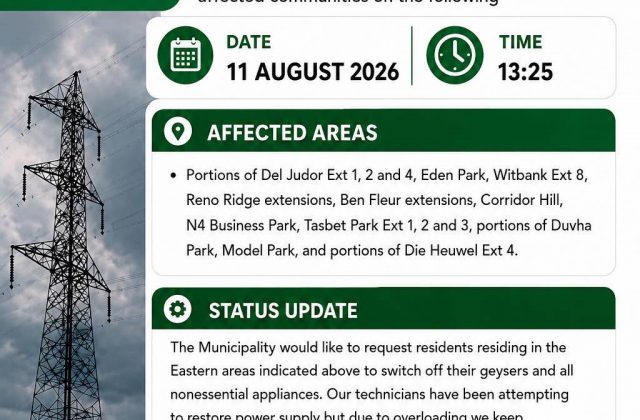 Power outages update poster for 11 August 2026 at 13:25. Full text appears below.