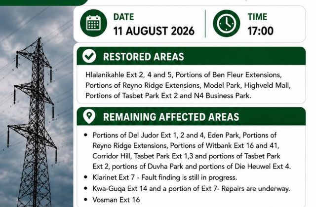 Power outages update poster for 11 August 2026 at 17:00 listing restored and remaining affected areas. Full text appears below.