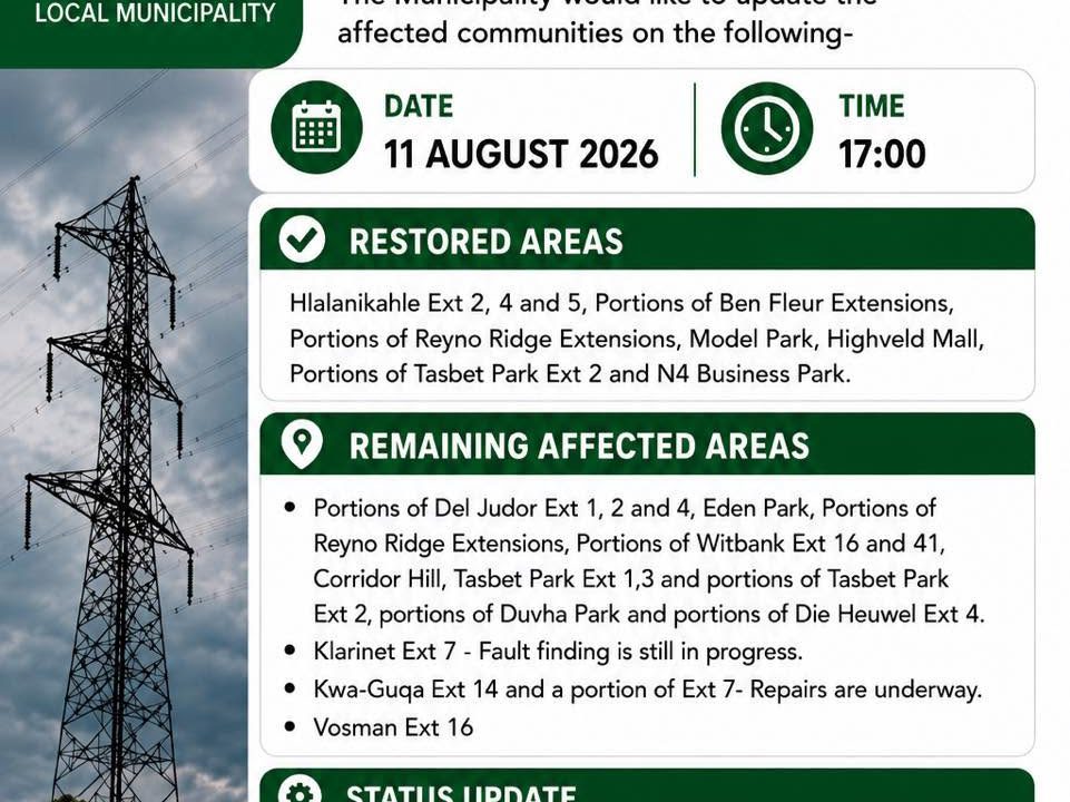 Power outages update poster for 11 August 2026 at 17:00 listing restored and remaining affected areas. Full text appears below.