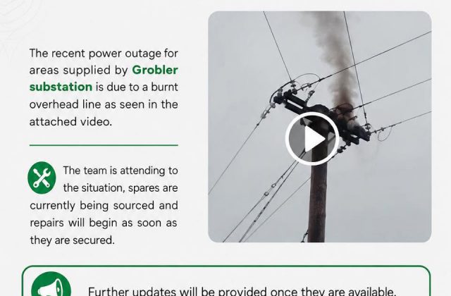 Power supply update poster for 11 August 2026 showing a burnt overhead line at Grobler substation. Full text appears below.