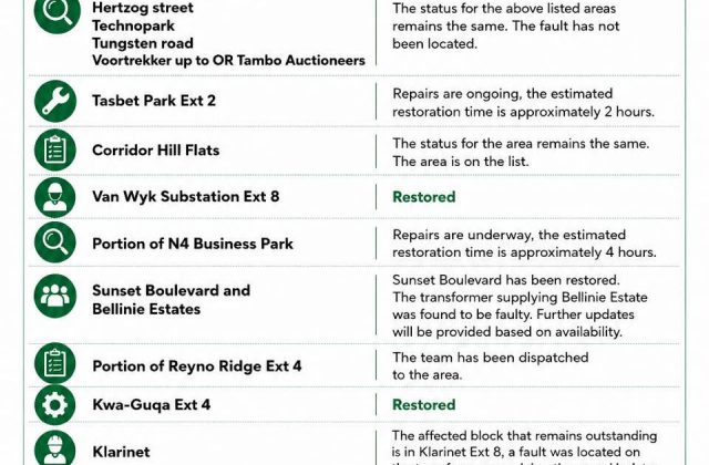 Power supply update poster for 12 August 2026 listing affected areas and progress reports. Full text appears below.