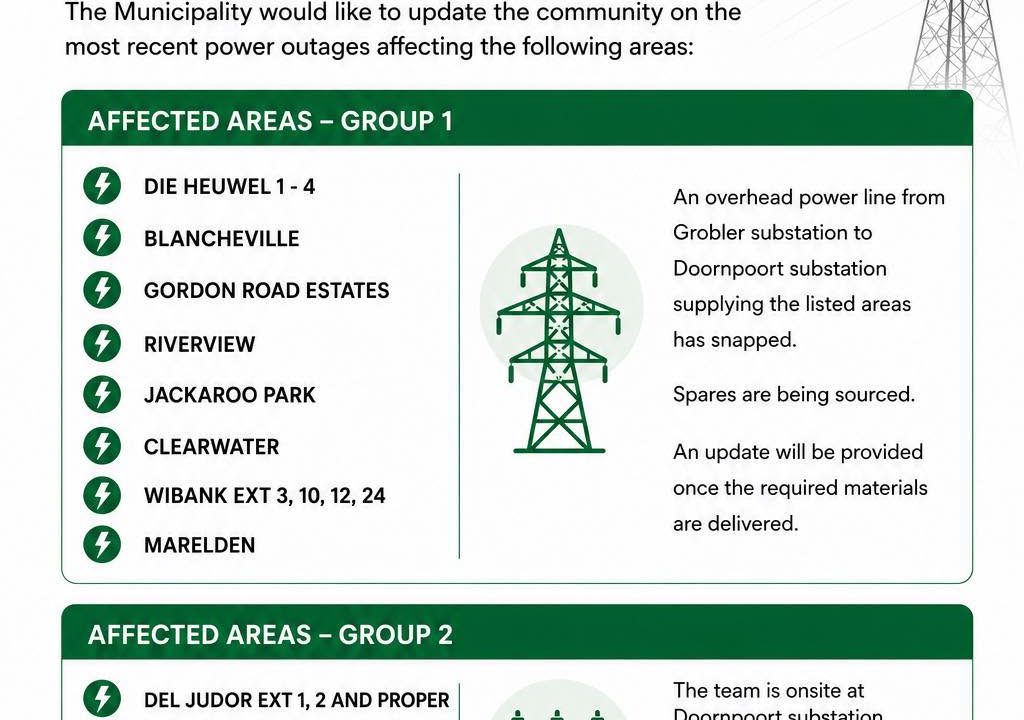 Power supply update poster for 13 August 2026. Full text appears below.