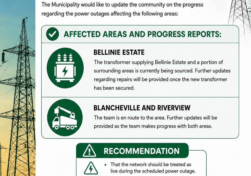 Power supply update poster for 13 August 2026 covering Bellinie Estate, Blancheville and Riverview. Full text appears below.