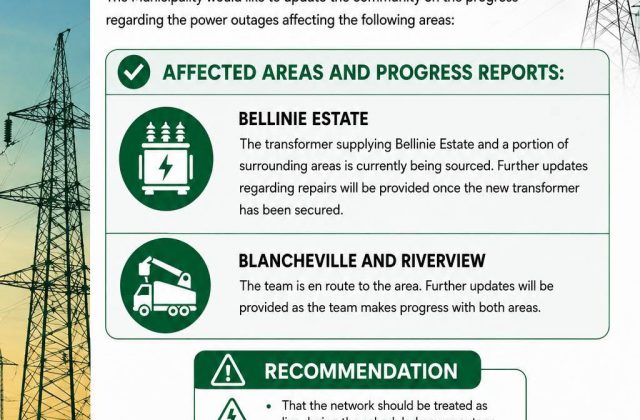 Power supply update poster for 13 August 2026 covering Bellinie Estate, Blancheville and Riverview. Full text appears below.