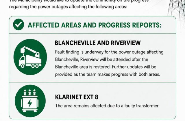 Power supply update poster for 13 August 2026 covering Blancheville, Riverview and Klarinet Ext 8. Full text appears below.