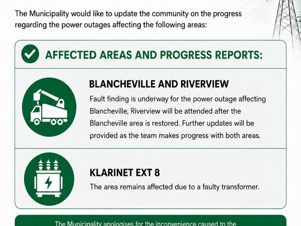 Power supply update poster for 13 August 2026 covering Blancheville, Riverview and Klarinet Ext 8. Full text appears below.