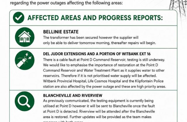 Power supply update poster for 13 August 2026 covering Bellinie Estate, Del Judor extensions and the Point D Command Reservoir. Full text appears below.