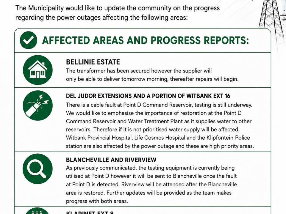 Power supply update poster for 13 August 2026 covering Bellinie Estate, Del Judor extensions and the Point D Command Reservoir. Full text appears below.