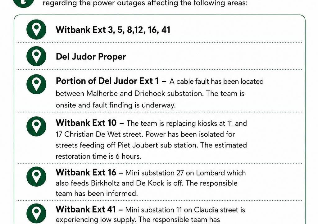 Power supply update poster for 15 August 2026 listing Witbank extensions and Del Judor. Full text appears below.