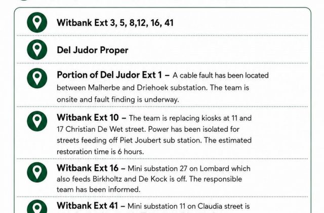 Power supply update poster for 15 August 2026 listing Witbank extensions and Del Judor. Full text appears below.
