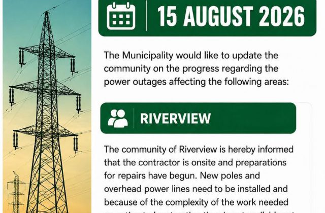 Power supply update poster for 15 August 2026 regarding Riverview. Full text appears below.